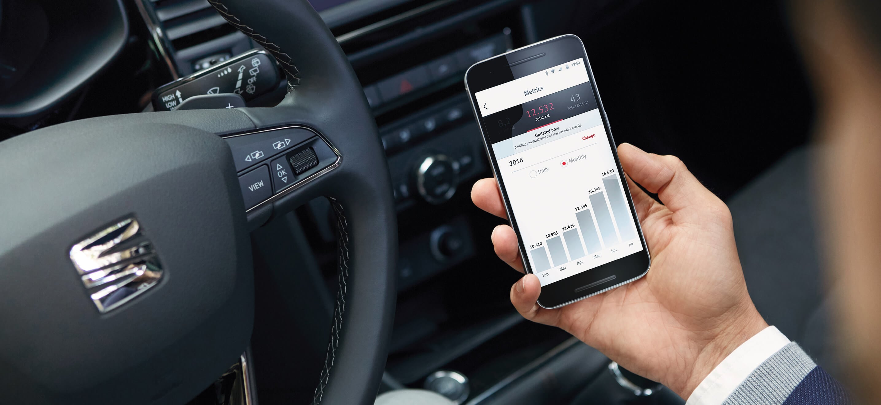 SEAT new car services and maintenance – My SEAT App in action in a car driver holding a phone